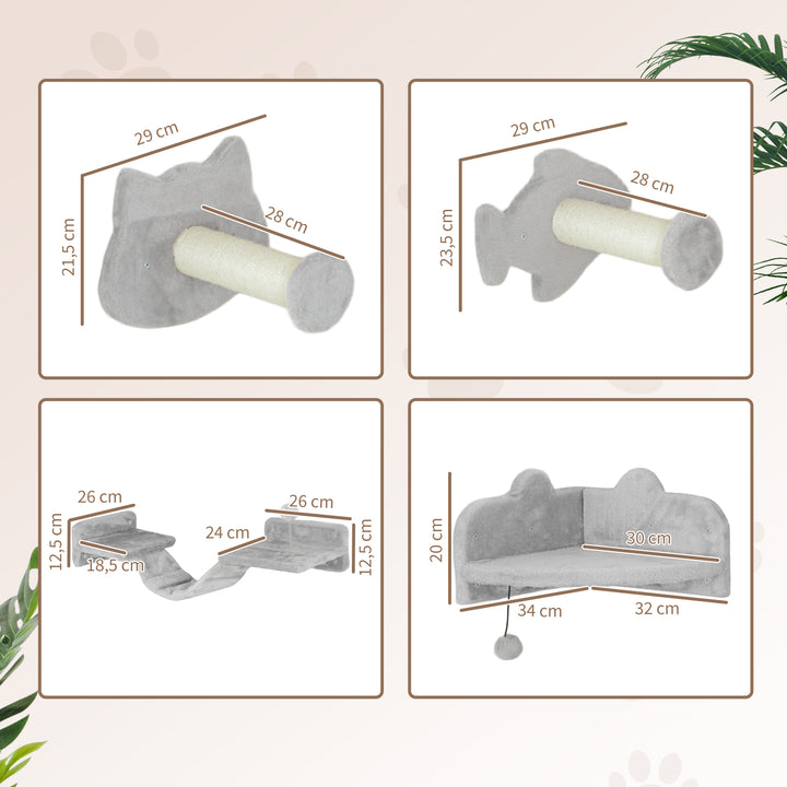 Conjunto de Prateleiras de Escalada para Gatos de 4 Peças Arranhador de Parede com 2 Postes de Sisal Plataforma Dupla com Escada e Plataforma para Saltar Cinzento