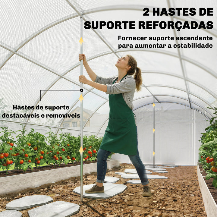 Estufa de Exterior 6x4x2 m, Estufa Tipo Túnel com 2 Barras de Suporte, Portas Enroláveis, Janelas com Rede, Cobertura de PE e Estrutura de Aço Galvanizado, Anti-UV, Impermeável, Branco