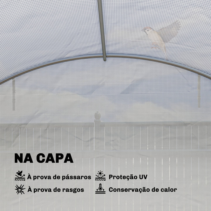 Estufa de Exterior 6x4x2 m, Estufa Tipo Túnel com 2 Barras de Suporte, Portas Enroláveis, Janelas com Rede, Cobertura de PE e Estrutura de Aço Galvanizado, Anti-UV, Impermeável, Branco