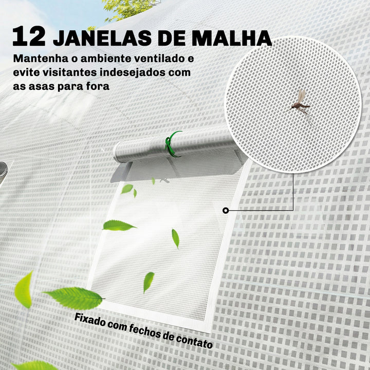 Estufa de Exterior 6x4x2 m, Estufa Tipo Túnel com 2 Barras de Suporte, Portas Enroláveis, Janelas com Rede, Cobertura de PE e Estrutura de Aço Galvanizado, Anti-UV, Impermeável, Branco