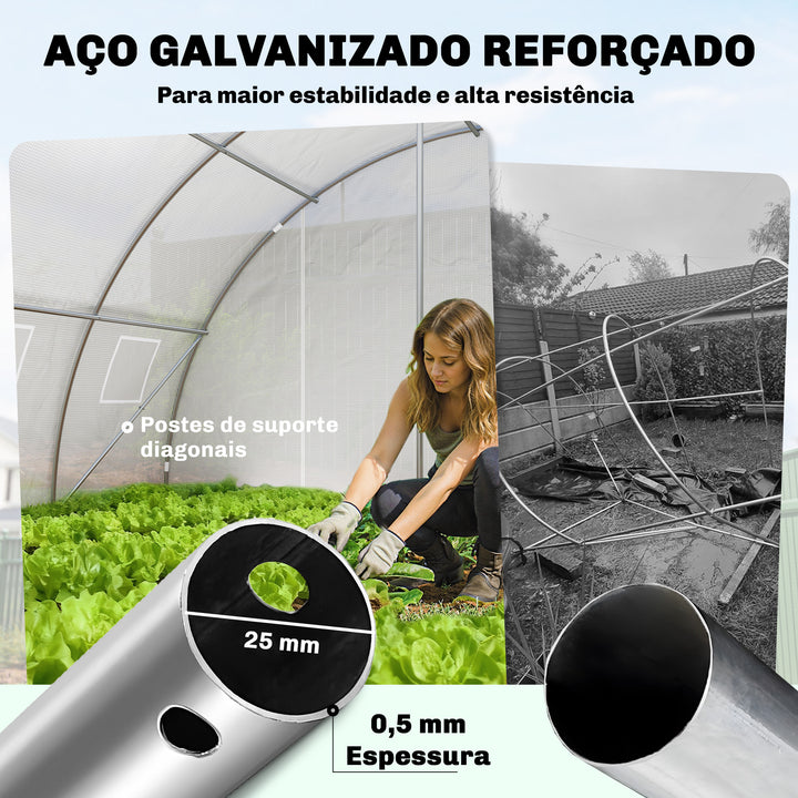 Estufa de Exterior 6x4x2 m, Estufa Tipo Túnel com 2 Barras de Suporte, Portas Enroláveis, Janelas com Rede, Cobertura de PE e Estrutura de Aço Galvanizado, Anti-UV, Impermeável, Branco