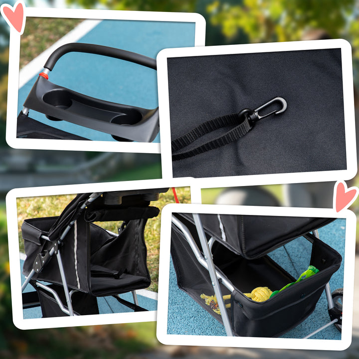 Carrinho de Passeio para Animais de Estimação Carrinho para Cães e Gatos Dobrável com Capô Ajustável Cesta de Armazenamento Suporte para Copos e Travão 75x45x97 cm Preto