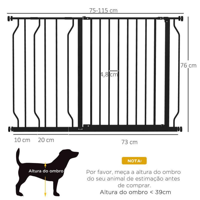 Barreira de Segurança para Cães Extensível para Escadas e Portas 75-115 cm com 2 Extensões e 10-20 cm Montagem a Pressão Aço Altura 76 cm Preto