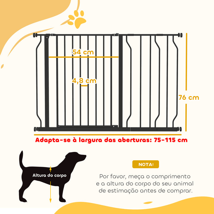 Barreira de Segurança para Cães Extensível para Escadas e Portas 75-115 cm com 2 Extensões e 10-20 cm Montagem a Pressão Aço Altura 76 cm Preto