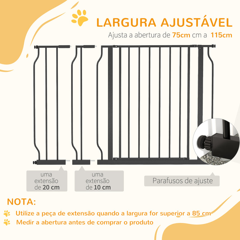 Barreira de Segurança para Cães Extensível para Escadas e Portas 75-115 cm com 2 Extensões e 10-20 cm Montagem a Pressão Aço Altura 76 cm Preto