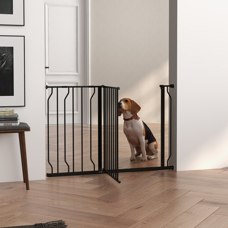 Barreira de Segurança para Cães Extensível para Escadas e Portas 75-115 cm com 2 Extensões e 10-20 cm Montagem a Pressão Aço Altura 76 cm Preto