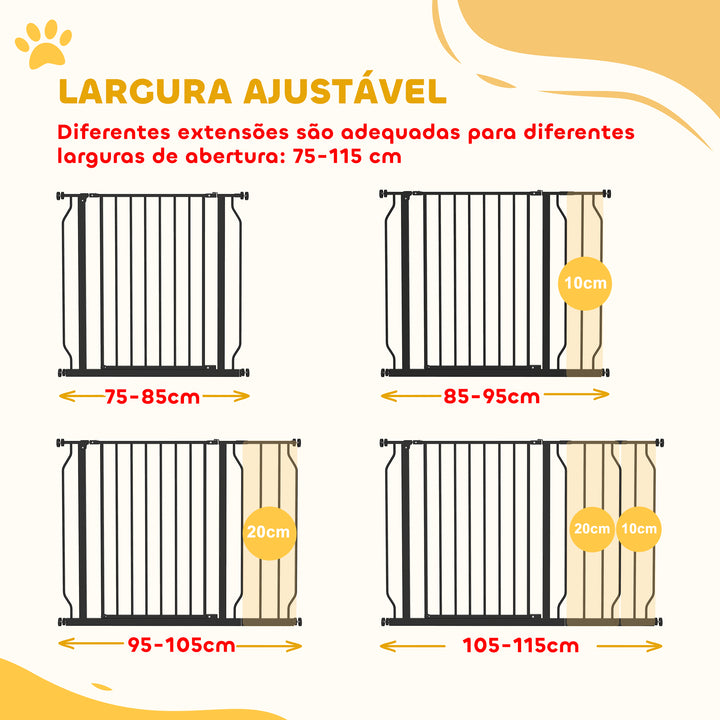 Barreira de Segurança para Cães Extensível para Escadas e Portas 75-115 cm com 2 Extensões e 10-20 cm Montagem a Pressão Aço Altura 76 cm Preto