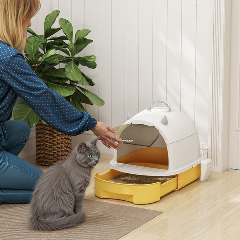 Caixa de Areia para Gatos Fechada Caixa de Areia para Gatos com Tampa e Bandeja Amovíveis Filtro de Carvão e Pá 40,5x52x39 cm Branco e Amarelo