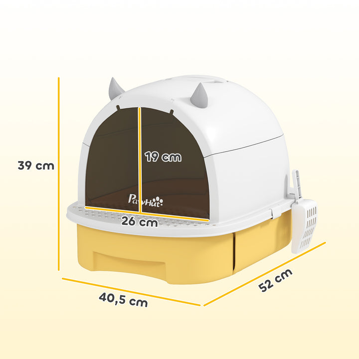 Caixa de Areia para Gatos Fechada Caixa de Areia para Gatos com Tampa e Bandeja Amovíveis Filtro de Carvão e Pá 40,5x52x39 cm Branco e Amarelo