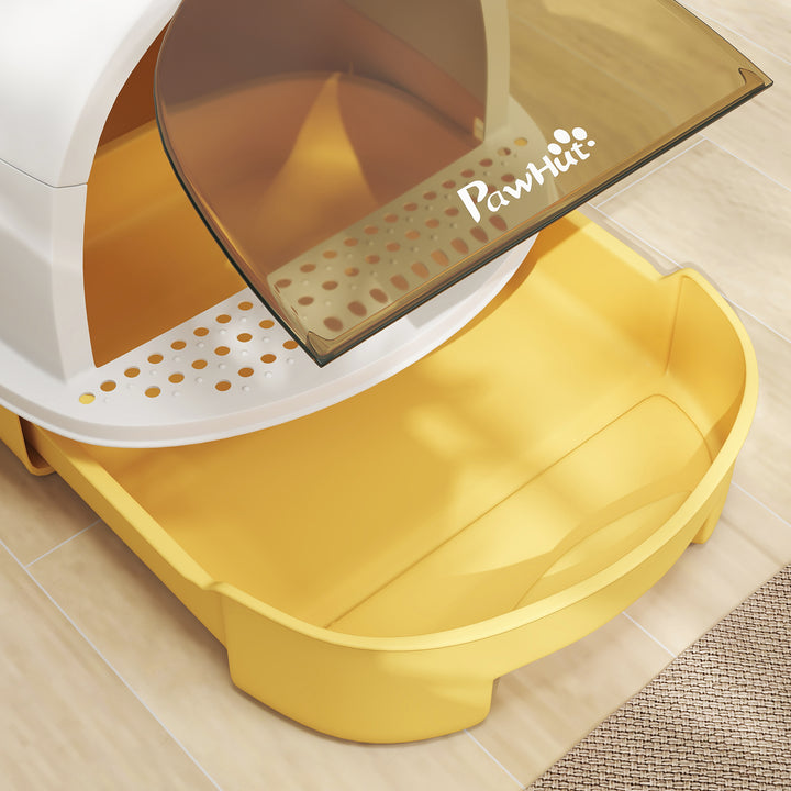 Caixa de Areia para Gatos Fechada Caixa de Areia para Gatos com Tampa e Bandeja Amovíveis Filtro de Carvão e Pá 40,5x52x39 cm Branco e Amarelo
