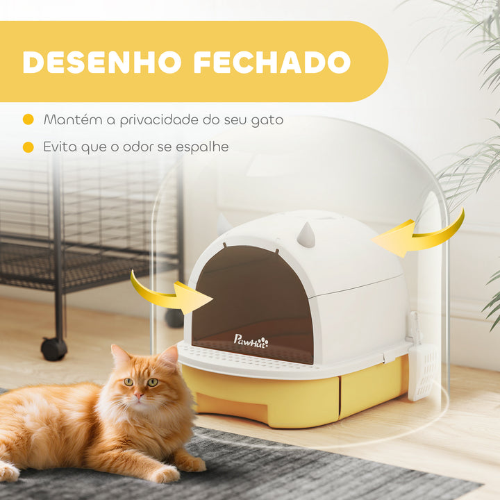 Caixa de Areia para Gatos Fechada Caixa de Areia para Gatos com Tampa e Bandeja Amovíveis Filtro de Carvão e Pá 40,5x52x39 cm Branco e Amarelo
