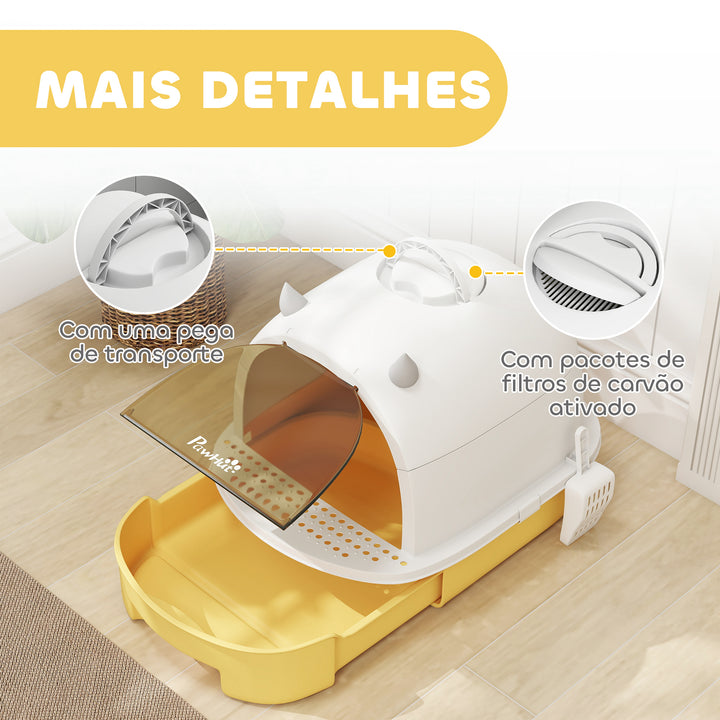 Caixa de Areia para Gatos Fechada Caixa de Areia para Gatos com Tampa e Bandeja Amovíveis Filtro de Carvão e Pá 40,5x52x39 cm Branco e Amarelo