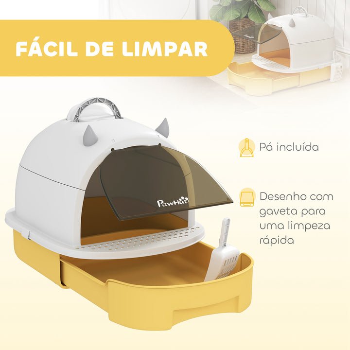 Caixa de Areia para Gatos Fechada Caixa de Areia para Gatos com Tampa e Bandeja Amovíveis Filtro de Carvão e Pá 40,5x52x39 cm Branco e Amarelo