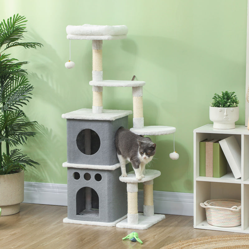 Arranhador para Gatos 126 cm Torre de Arranhar para Gatos Arranhador para Gatos com Caverna Plataformas Bolas Suspensas e Poste de Sisal 56x34x126 cm Cinza e Creme