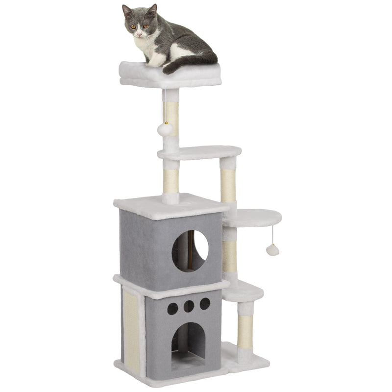 Arranhador para Gatos 126 cm Torre de Arranhar para Gatos Arranhador para Gatos com Caverna Plataformas Bolas Suspensas e Poste de Sisal 56x34x126 cm Cinza e Creme