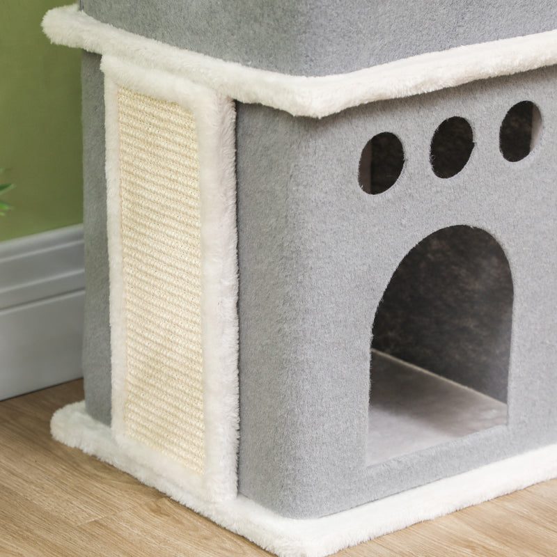 Arranhador para Gatos 126 cm Torre de Arranhar para Gatos Arranhador para Gatos com Caverna Plataformas Bolas Suspensas e Poste de Sisal 56x34x126 cm Cinza e Creme