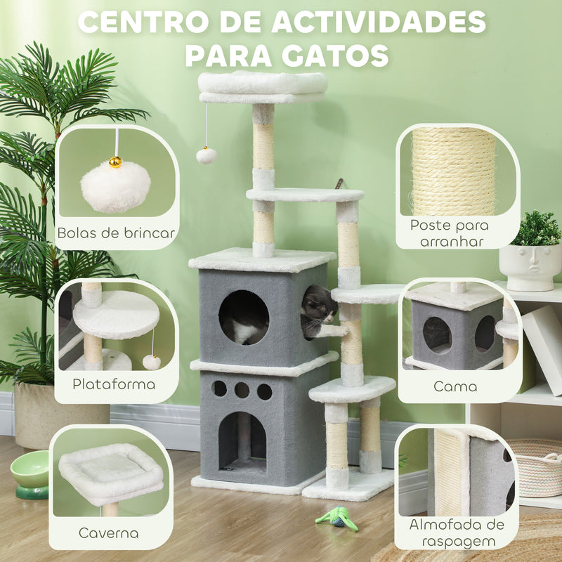 Arranhador para Gatos 126 cm Torre de Arranhar para Gatos Arranhador para Gatos com Caverna Plataformas Bolas Suspensas e Poste de Sisal 56x34x126 cm Cinza e Creme