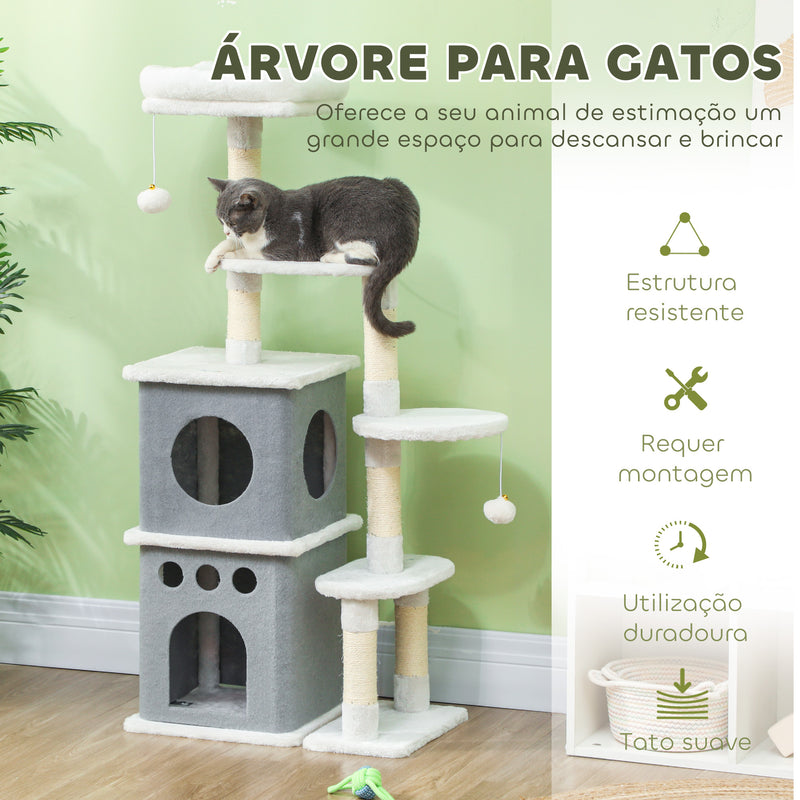 Arranhador para Gatos 126 cm Torre de Arranhar para Gatos Arranhador para Gatos com Caverna Plataformas Bolas Suspensas e Poste de Sisal 56x34x126 cm Cinza e Creme