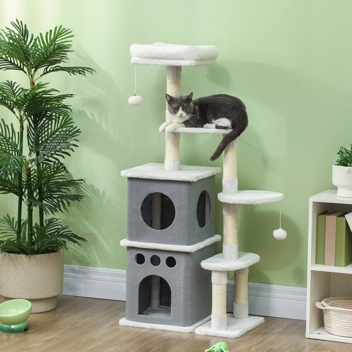 Arranhador para Gatos 126 cm Torre de Arranhar para Gatos Arranhador para Gatos com Caverna Plataformas Bolas Suspensas e Poste de Sisal 56x34x126 cm Cinza e Creme