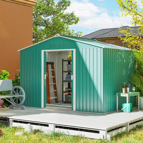 Abrigo de Jardim Exterior 4,9 m² 277x195x192cm Abrigo e Jardim Metálico para Armazenamento de Ferramentas com Base Incluída (Chão não Incluído) e 4 Janelas Verde Escuro