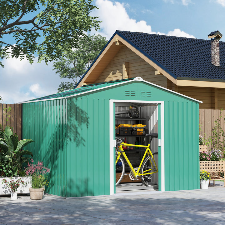Abrigo de Jardim Exterior 4,9 m² 277x195x192cm Abrigo e Jardim Metálico para Armazenamento de Ferramentas com Base Incluída (Chão não Incluído) e 4 Janelas Verde Escuro
