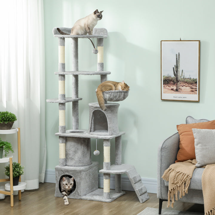 Arranhador para Gatos Grande Altura 170 cm Torre de Escalada com 7 Postes 1 Túnel 3 Plataformas 2 Cavernas 1 Rede 1 Poleiro 1 Rampa Pompons Cinzento Claro