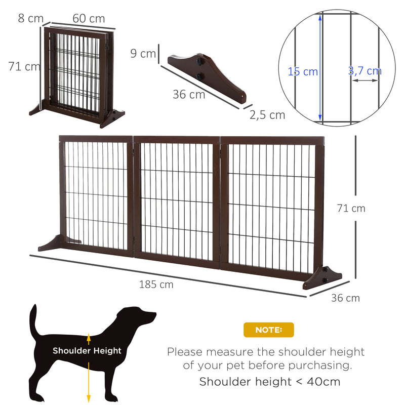 Barreira de Segurança para Cães de 3 Paineis Barreira para Cães com Estrutura de Madeira e Pés de Apoio para Corredor Escada 185x36x71 cm Marrom