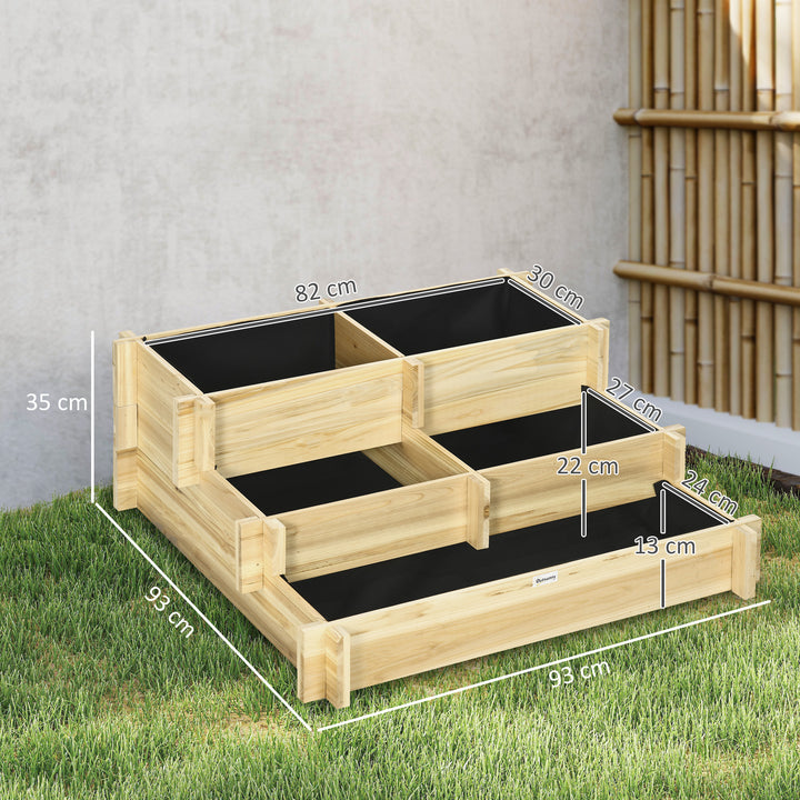 Caixa de Plantio de Madeira de 3 Níveis Horta Vertical em Escada com Malha Geotextil para Cultivos de Plantas Flores para Jardim Terraço Exterior 93x93x35 cm Natural