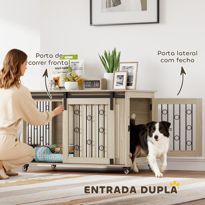 Móvel Gaiola para Cães com Rodas Mesa Auxiliar Casa para Animais Moderna com 2 Portas com Fecho para Cães Médios e Grandes 100x56x65 cm Carvalho