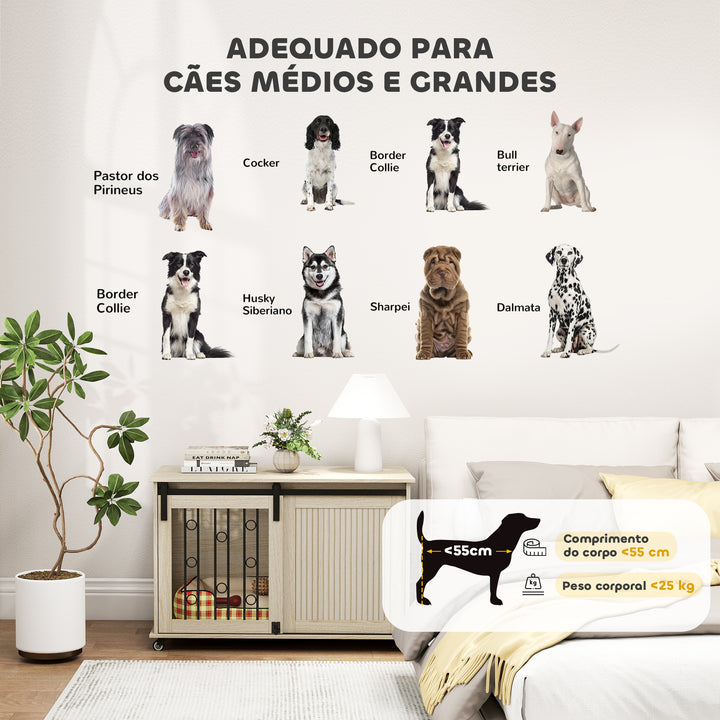 Móvel Gaiola para Cães com Rodas Mesa Auxiliar Casa para Animais Moderna com 2 Portas com Fecho para Cães Médios e Grandes 100x56x65 cm Carvalho
