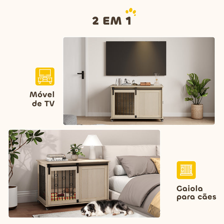 Móvel Gaiola para Cães com Rodas Mesa Auxiliar Casa para Animais Moderna com 2 Portas com Fecho para Cães Médios e Grandes 100x56x65 cm Carvalho