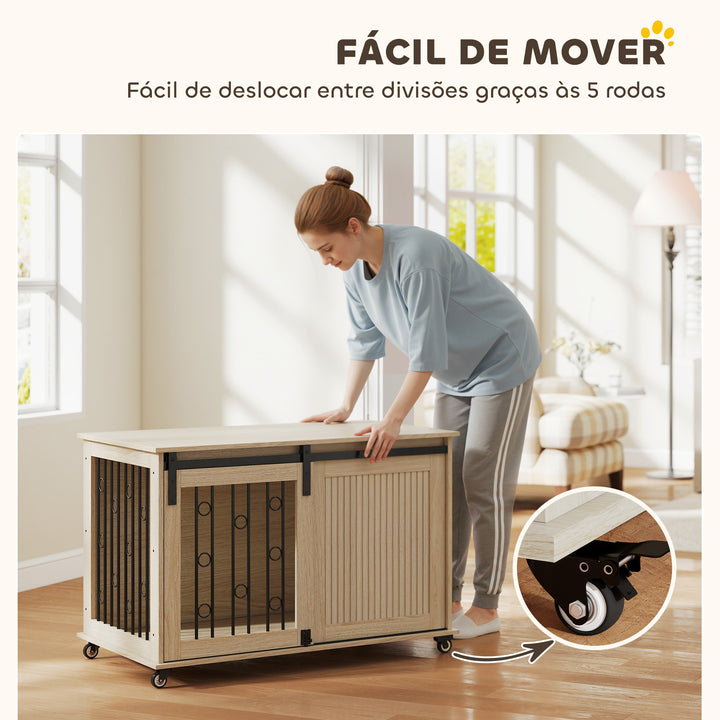 Móvel Gaiola para Cães com Rodas Mesa Auxiliar Casa para Animais Moderna com 2 Portas com Fecho para Cães Médios e Grandes 100x56x65 cm Carvalho