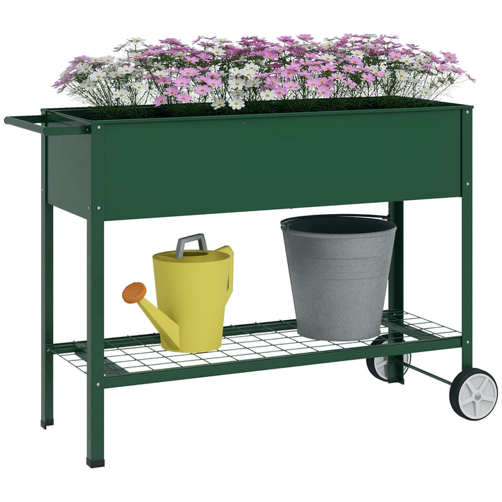 Horta Vertical Elevada de Metal Horta Vertical com Rodas Alça Lateral e Prateleira Inferior para Cultivo de Plantas Flores 109x44x80 cm Verde