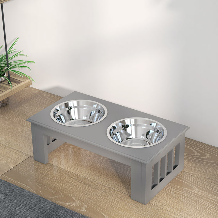 Comedouro Elevado para Cães com Suporte e 2 Tigelas Amovíveis de Aço Inoxidável Alimentador para Animais de Estimação 44x24x15 cm Cinza