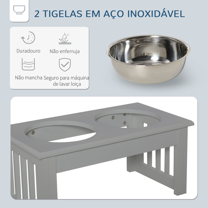 Comedouro Elevado para Cães com Suporte e 2 Tigelas Amovíveis de Aço Inoxidável Alimentador para Animais de Estimação 44x24x15 cm Cinza