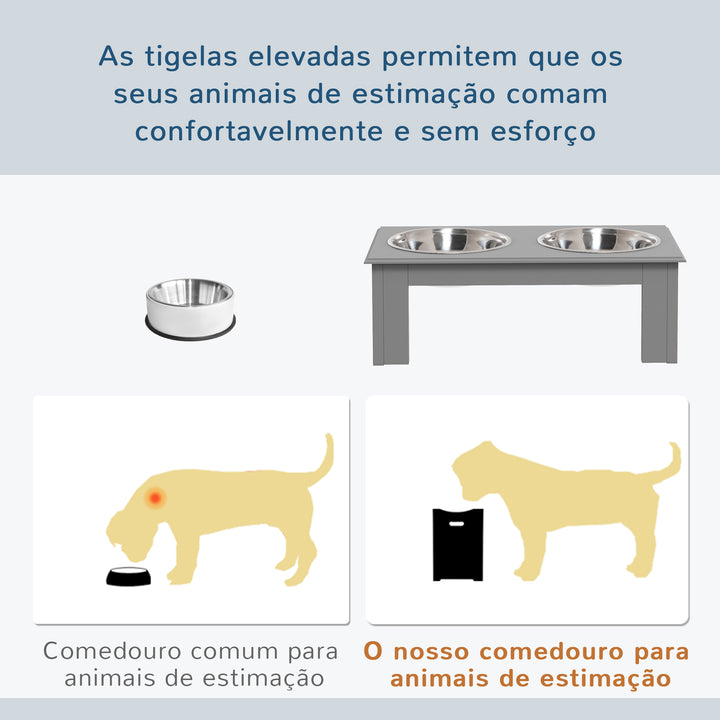 Comedouro Elevado para Cães com Suporte e 2 Tigelas Amovíveis de Aço Inoxidável Alimentador para Animais de Estimação 44x24x15 cm Cinza