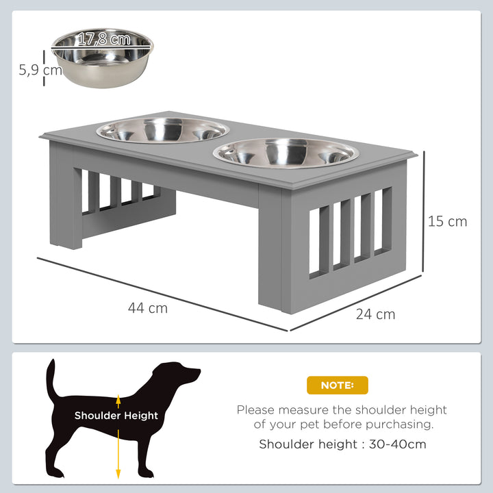 Comedouro Elevado para Cães com Suporte e 2 Tigelas Amovíveis de Aço Inoxidável Alimentador para Animais de Estimação 44x24x15 cm Cinza