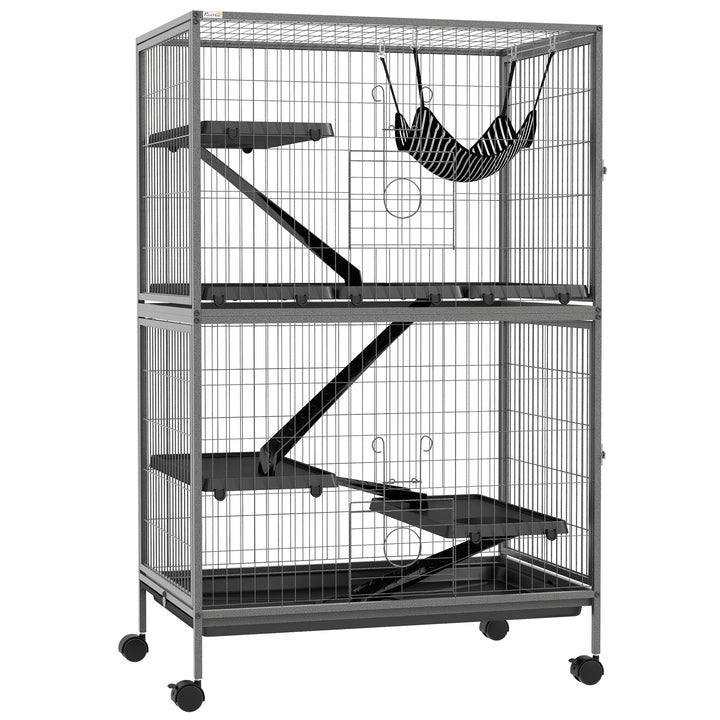 Gaiola para Roedores 80x52x128 cm Casa de 4 Alturas com Rampas Suspensa Rede Bandeja Removível Rodas Portas Cinza Prateado