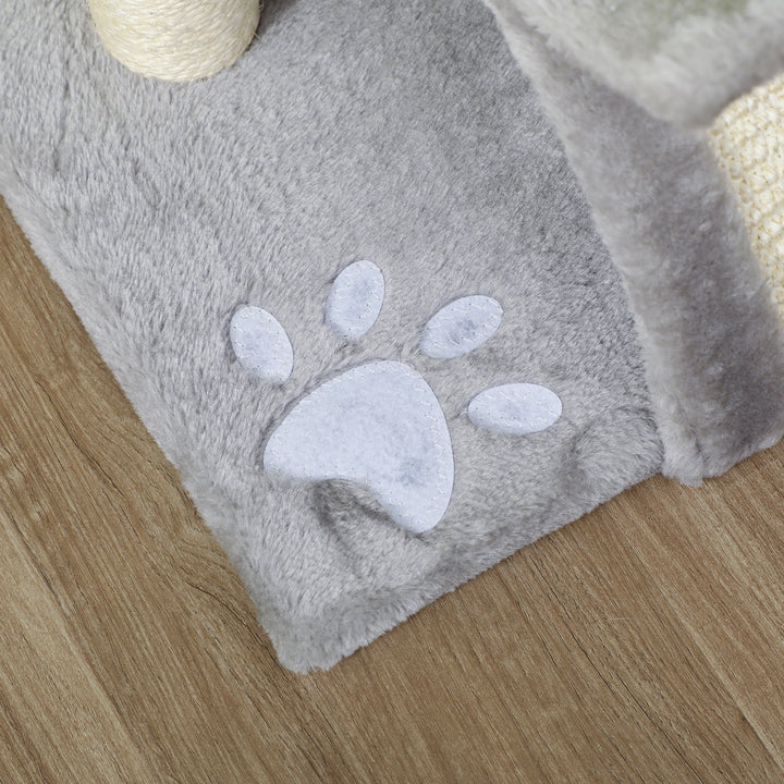 Árvore Arranhador para Gatos Pequena 43 cm Torre para Gatos com Poste Giratório Bolas Suspensas Plataforma Curva e Esconderijo 40x30x43 cm Cinza