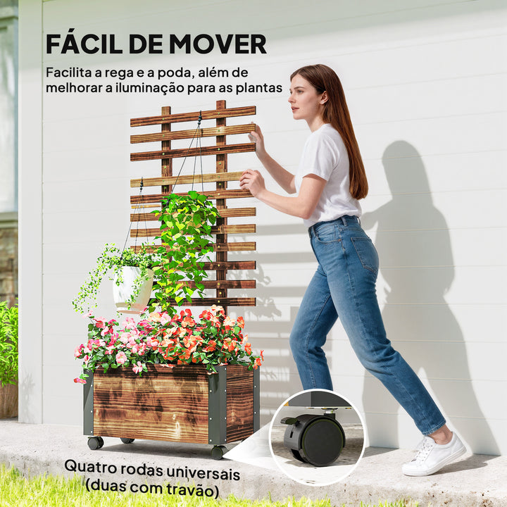 Floreira Exterior de Madeira Floreira com Treliça para Plantas Trepadeiras Tecido não Tecido Rodas e Cantos Metálicos de Dupla Camada para Pátio Varanda 65x31x147 cm Madeira