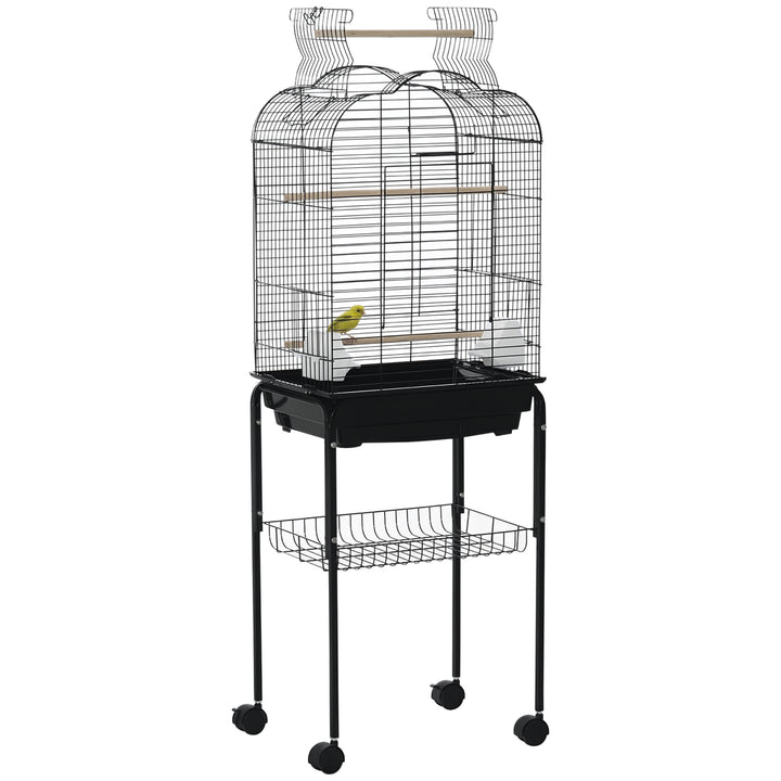 Gaiola para Passáros com Suporte Gaiola com 4 Rodas Teto com Abertura 2 Comedouros 3 Poleiros Bandeja Removível e Prateleira Inferior 46x36x130cm Preto
