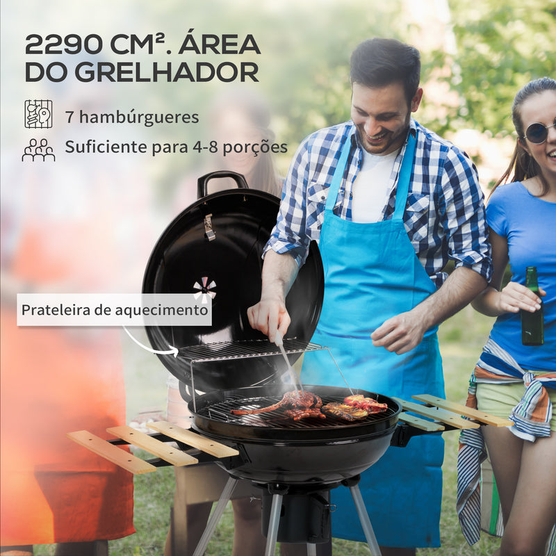 Barbecue a Carvão Barbecue Portátil com 2 Rodas Prateleiras Dobráveis Termómetro e Grelha Metálica para Piquenique Campismo 117x68x91 cm Preto