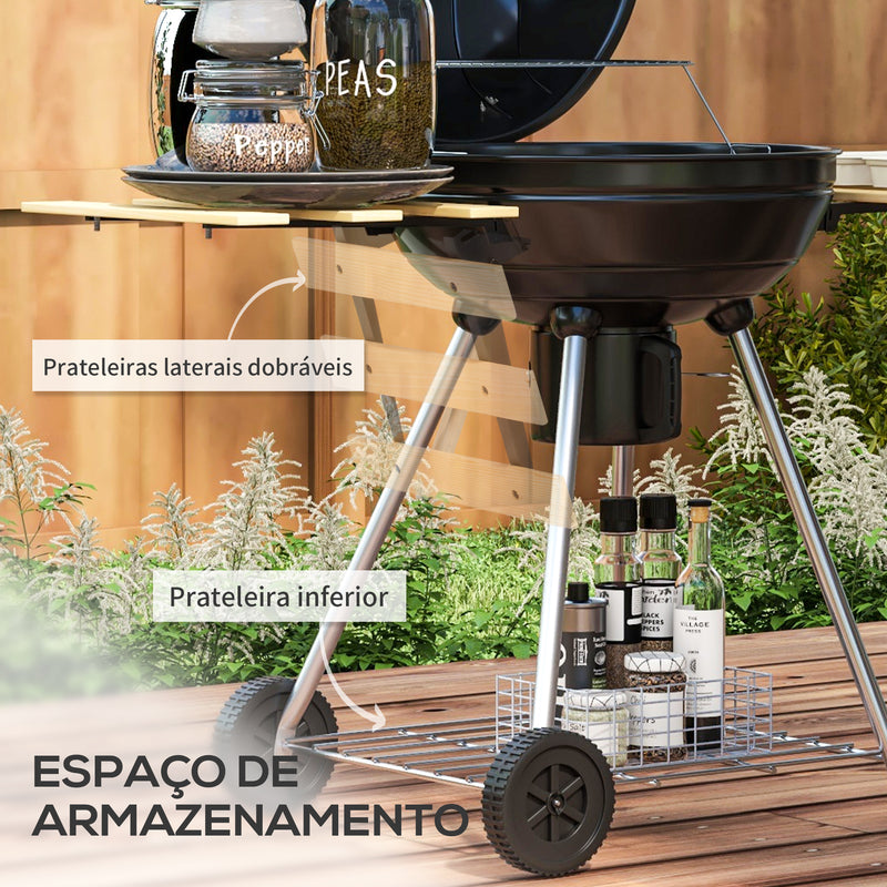 Barbecue a Carvão Barbecue Portátil com 2 Rodas Prateleiras Dobráveis Termómetro e Grelha Metálica para Piquenique Campismo 117x68x91 cm Preto