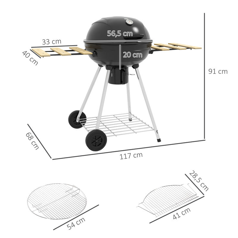 Barbecue a Carvão Barbecue Portátil com 2 Rodas Prateleiras Dobráveis Termómetro e Grelha Metálica para Piquenique Campismo 117x68x91 cm Preto