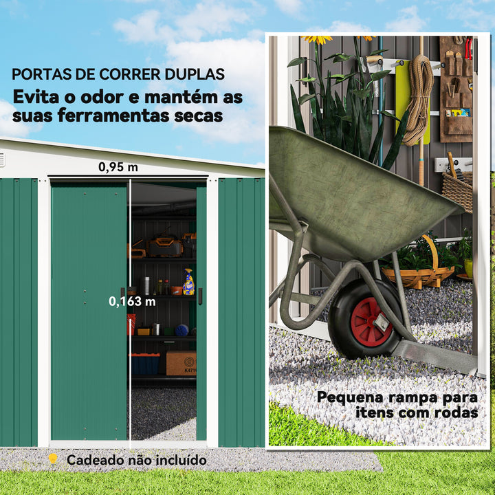 Abrigo de Jardim 280x345x201 cm 8,9 m² Abrigo de Exterior de Aço para Armazenamento de Ferramentas com Portas e 2 Janelas Verde