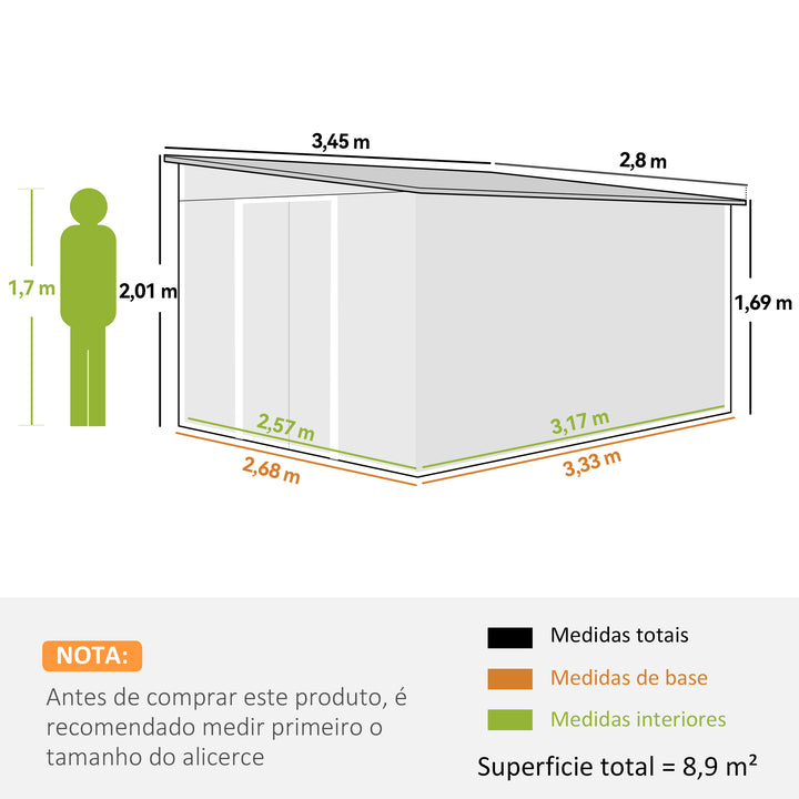Abrigo de Jardim 280x345x201 cm 8,9 m² Abrigo de Exterior de Aço para Armazenamento de Ferramentas com Portas e 2 Janelas Verde