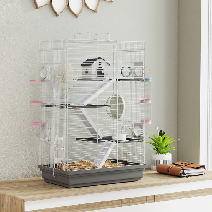 Gaiola para Hámster 47x30x70 cm Casa para Animais Pequenos com Túnel Plataformas Tigela Bebedouro Casinha Rampas e Roda de Exercício para Hámsters Anões Gerbos Cinzento