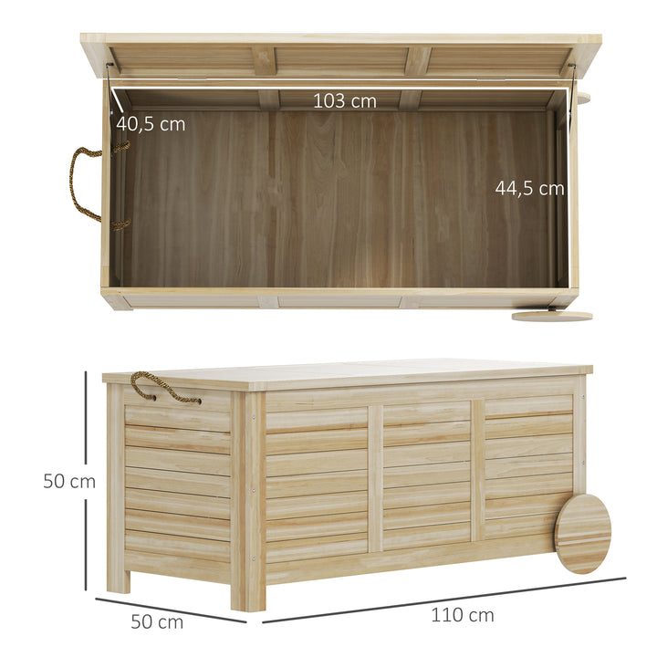 Baú de Arrumação Exterior 185L Baú de Jardim de Madeira Impermeável com Tampa Amovível 2 Rodas Cordas de Linho Dobradiças Metálicas e Forro Interno 110x50x50 cm Madeira