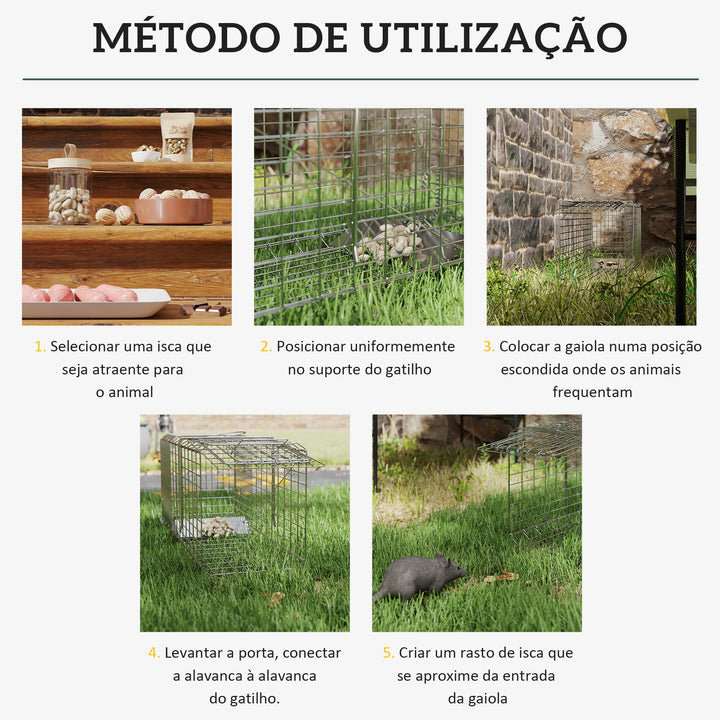 Armadilha para Animais Vivos Dobrável 66x24x30,5 cm Gaiola de Captura com Porta e Alça para Coelhos Roedores Prata