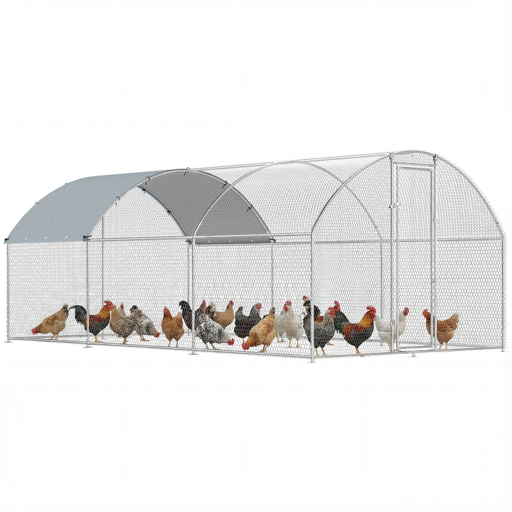 Galinheiro de Exterior Grande 2,8x5,1x1,9 m, 14,2 m² Galinheiro de Aço Galvanizado com Cobertura de Tecido Oxford Anti-UV e Impermeável Porta e Fechos Gaiola para 15-24 Galinhas Prateado